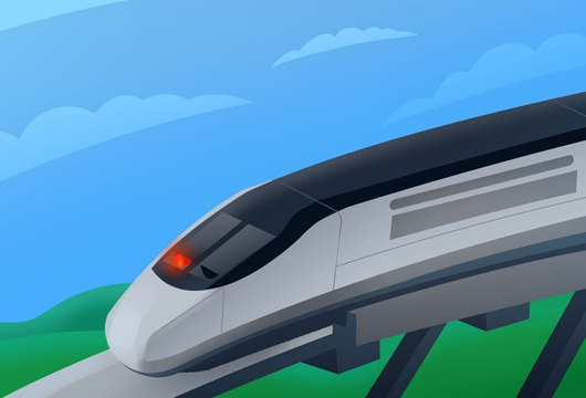 Illustration of a sleek futuristic train on an elevated track with a blue sky and green hills in the background.