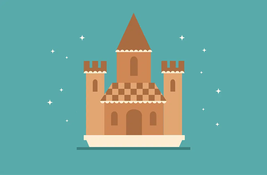Illustration of a simple, stylized sandcastle with a central tower and two smaller side towers, set against a teal background with small white stars.