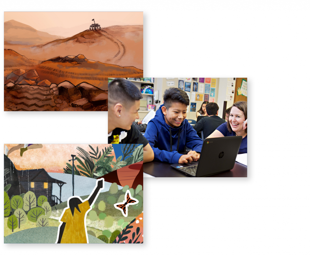 Three images, top left: landscape with horse rider, middle: students using a laptop, bottom left: illustrated person in tropical setting holding a knife, butterfly nearby.