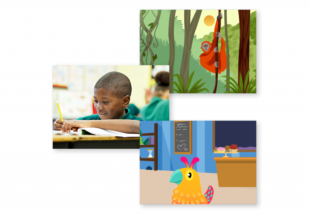 A collage with a boy writing, an illustration of an orangutan climbing a tree, and a colorful bird in a kitchen.