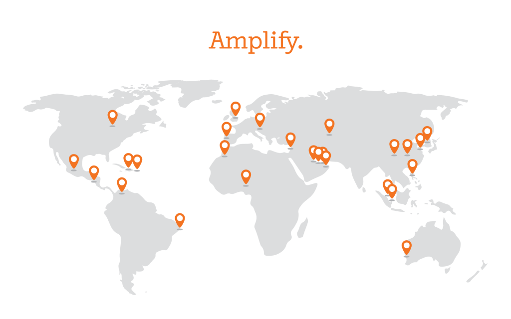 World map with orange location markers scattered across various continents. The word "Amplify" is written above the map.