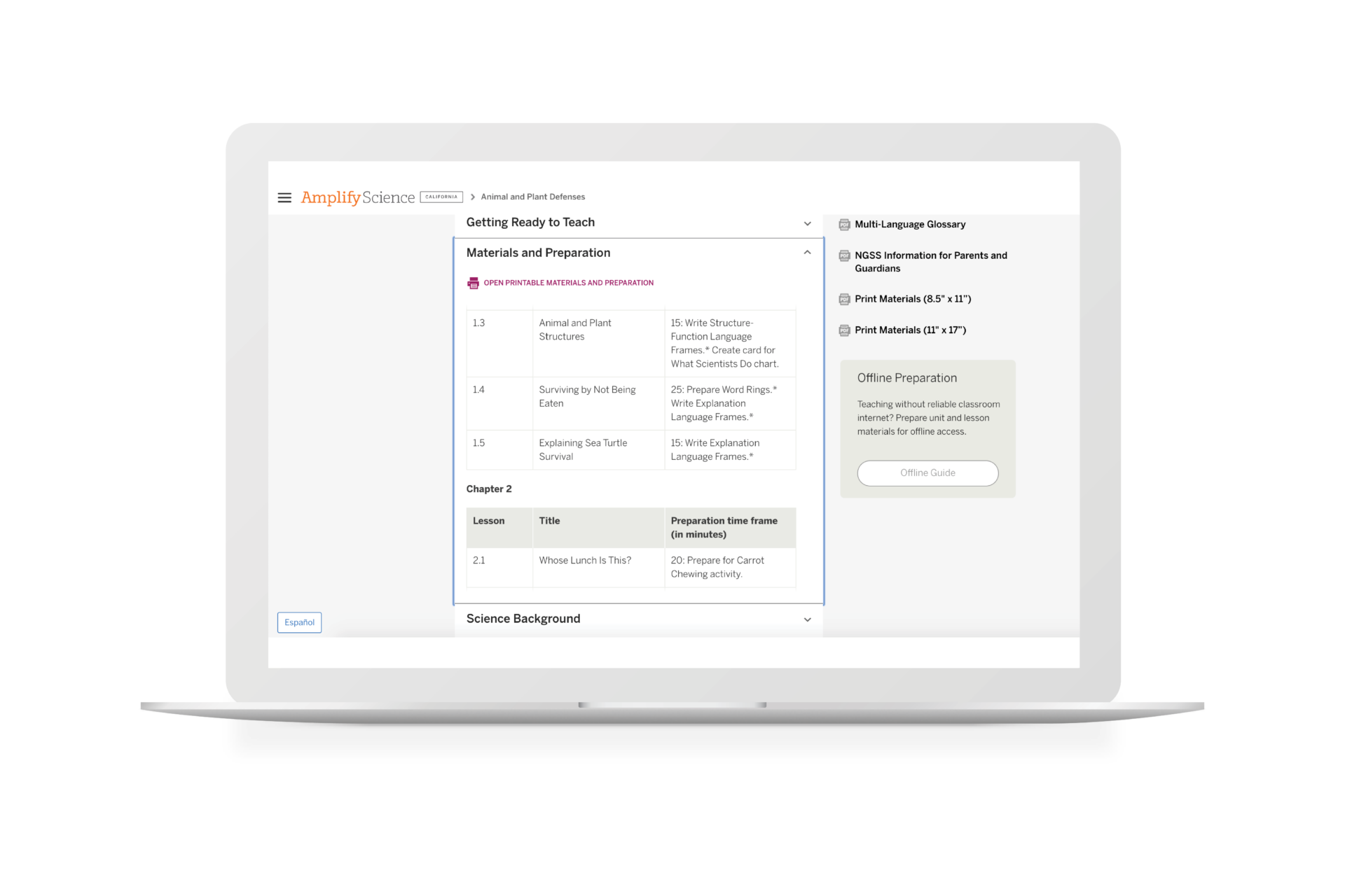 A laptop screen displays the "Amplify Science" platform, showing a lesson plan titled "Materials and Preparation" with text boxes detailing teaching steps and preparation tips.