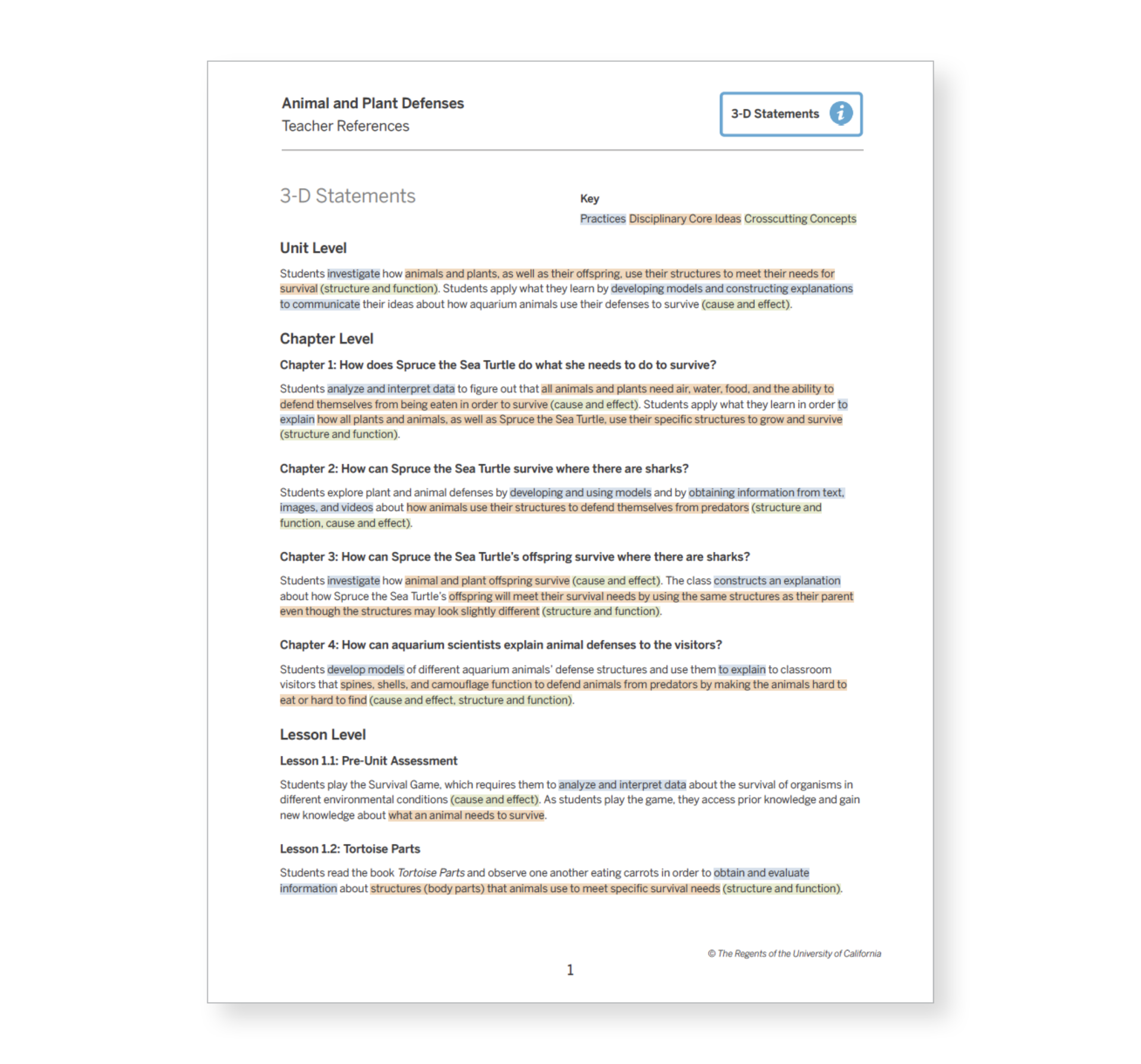 Document titled "Animal and Plant Defenses Teacher References" with unit and chapter-level 3-D statements. Includes key sections on sea turtles and predator interactions, plus lesson-level information.