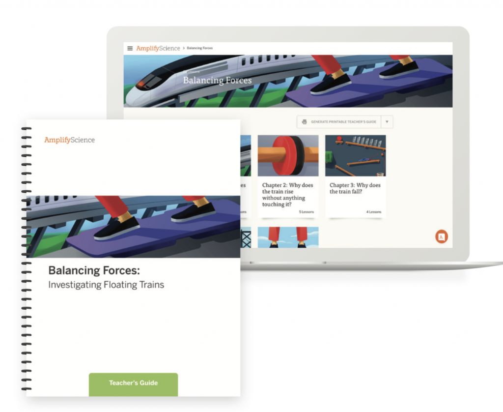 Spiral-bound teacher's guide in front of a laptop displaying a digital science curriculum about balancing forces and floating trains, titled "Amplify Science: Balancing Forces.
