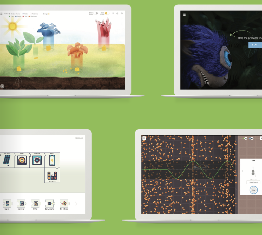Four laptop screens display different digital interfaces: a farm simulation, a creature viewer, a block-based coding interface, and a data analysis chart on a green background.