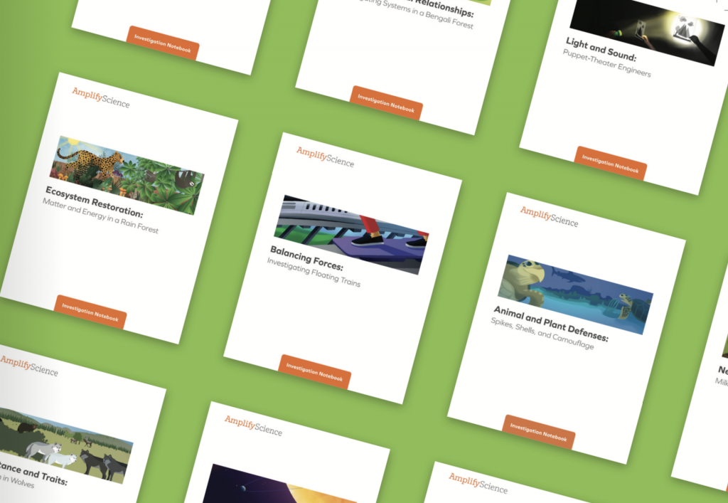 Assorted educational workbooks on a green surface, featuring titles such as "Ecosystem Restoration" and "Balancing Forces" by Amplify Science, with illustrated covers.