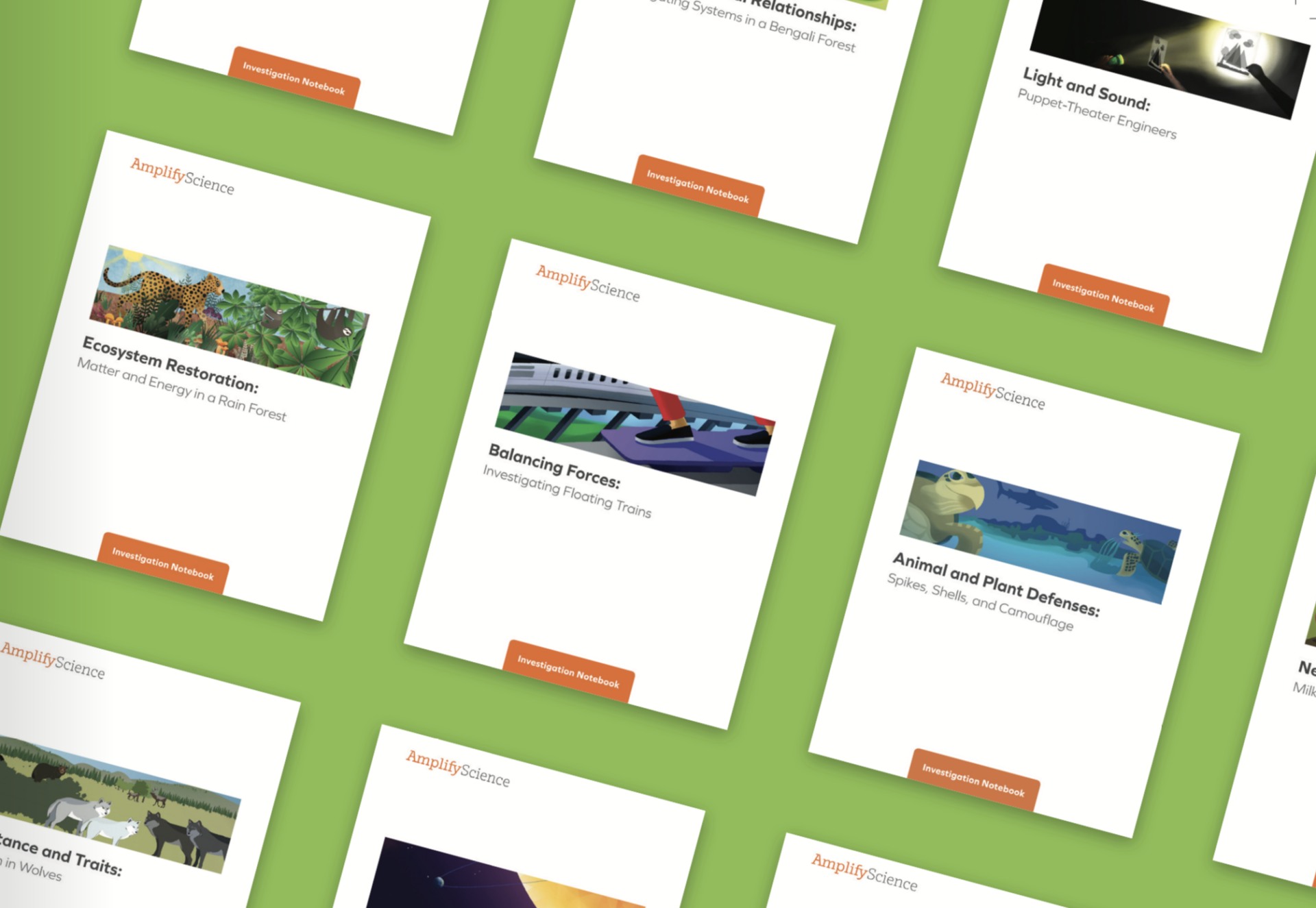 Assorted educational workbooks on a green surface, featuring titles such as "Ecosystem Restoration" and "Balancing Forces" by Amplify Science, with illustrated covers.