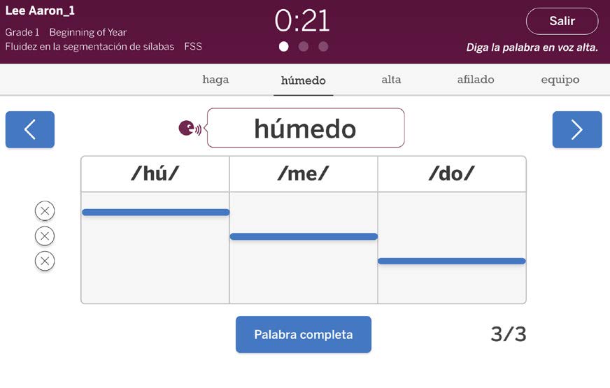 A screen shows a syllable segmentation exercise for "húmedo," with a timer at the top reading 0:21 and a "Salir" button.