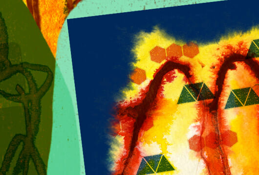 Abstract artwork featuring colorful shapes on a blue and yellow background with hexagons and triangular patterns.