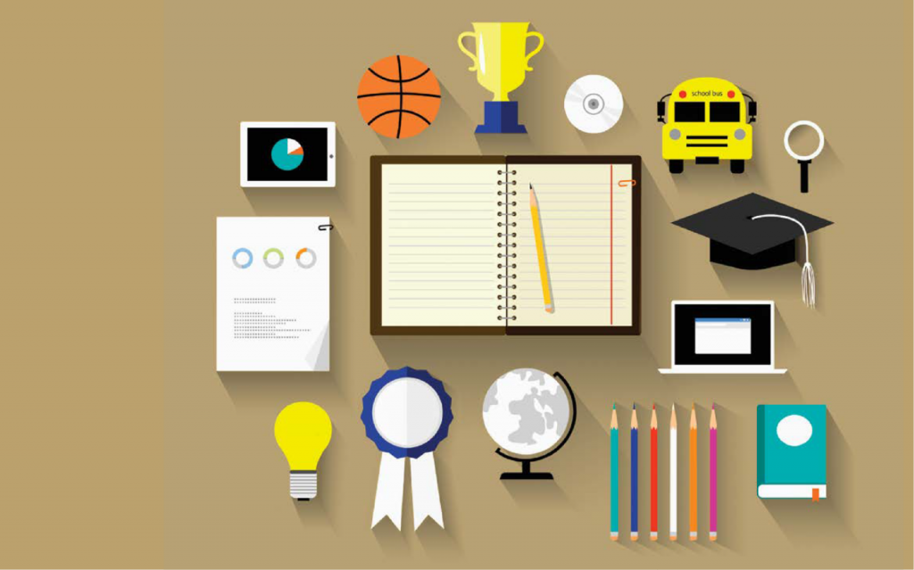 Illustration of educational items including a notebook, pencil, basketball, trophy, school bus, magnifying glass, graduation cap, light bulb, ribbon, globe, pencils, and laptop.