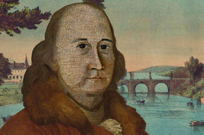 Cracked portrait of a man wearing a fur collar, set against a landscape with trees, a river, and a bridge.