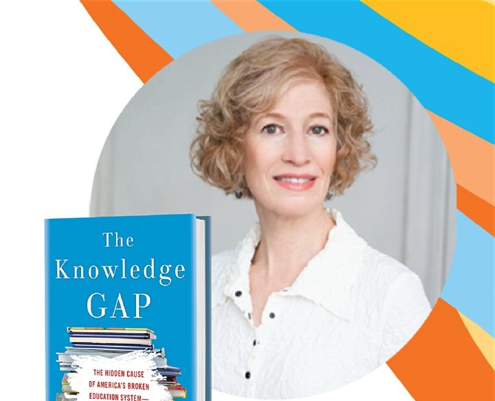 A person with curly hair is smiling in front of a colorful backdrop. Next to the person is a book titled "The Knowledge Gap" with stacked papers on the cover.