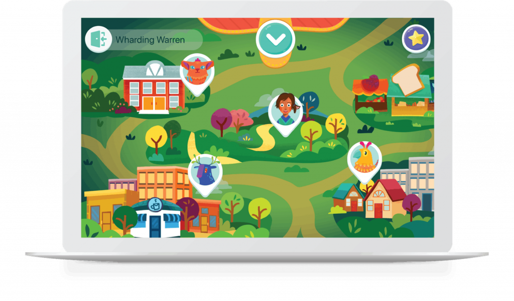 A laptop screen displays a colorful cartoon map with various buildings and character icons, including a school, store, and several avatars on a green landscape.