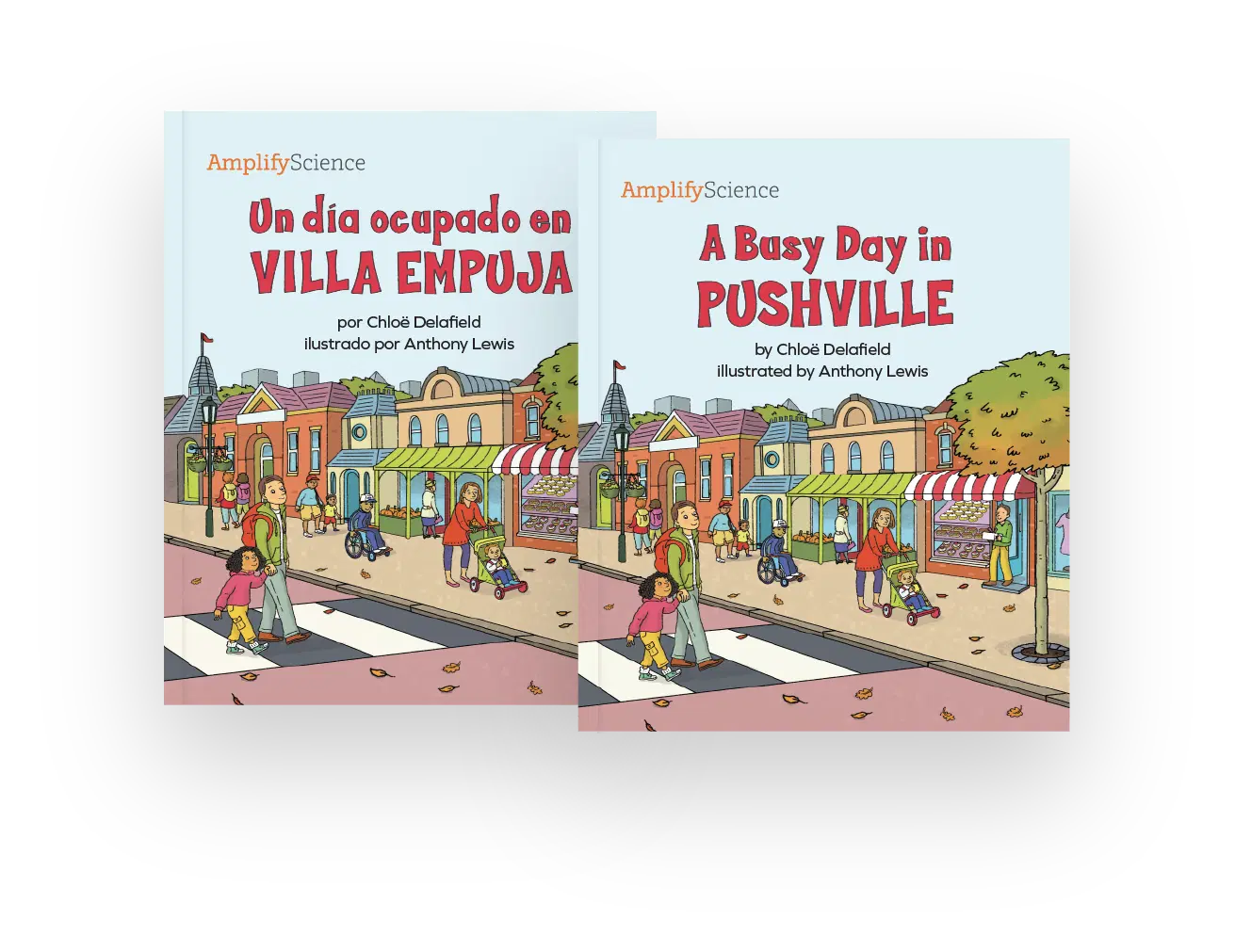 Two children's books, one in Spanish and one in English, with illustrated covers showing a street scene and families walking in a town.
