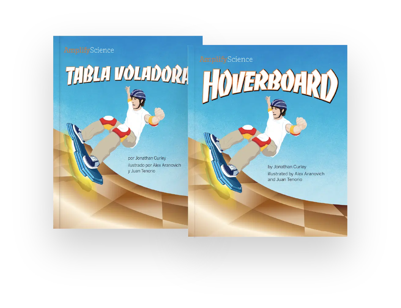 Two book covers, one in Spanish titled "Tabla Voladora" and one in English titled "Hoverboard," both showing a boy riding a futuristic hoverboard.
