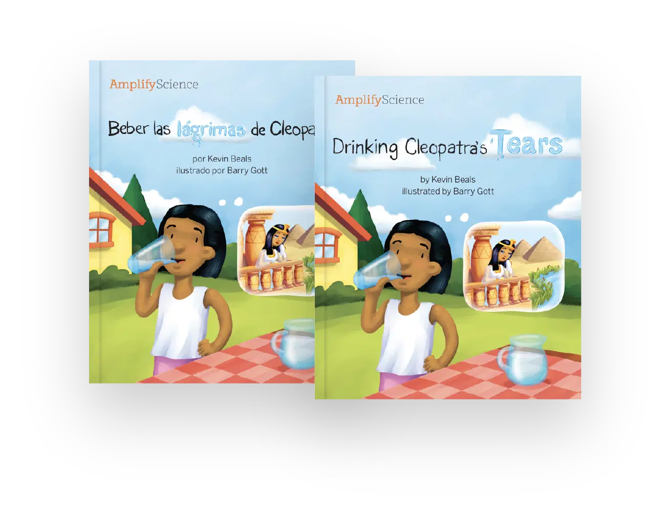 Two children's books titled "Beber las lágrimas de Cleopatra" and "Drinking Cleopatra's Tears" feature an illustration of a girl drinking water outside, with a house in the background.