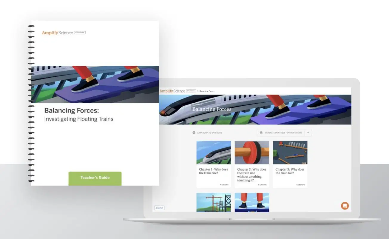 A teacher's guide titled "Balancing Forces: Investigating Floating Trains" is shown next to a laptop displaying related digital lesson materials.