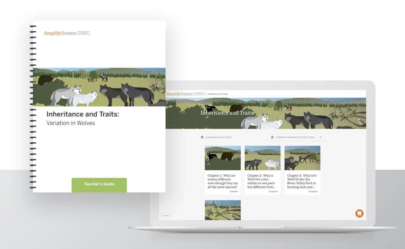 A teacher’s guide and a laptop display a digital lesson titled “Inheritance and Traits: Variation in Wolves,” featuring illustrated wolves in a natural landscape.