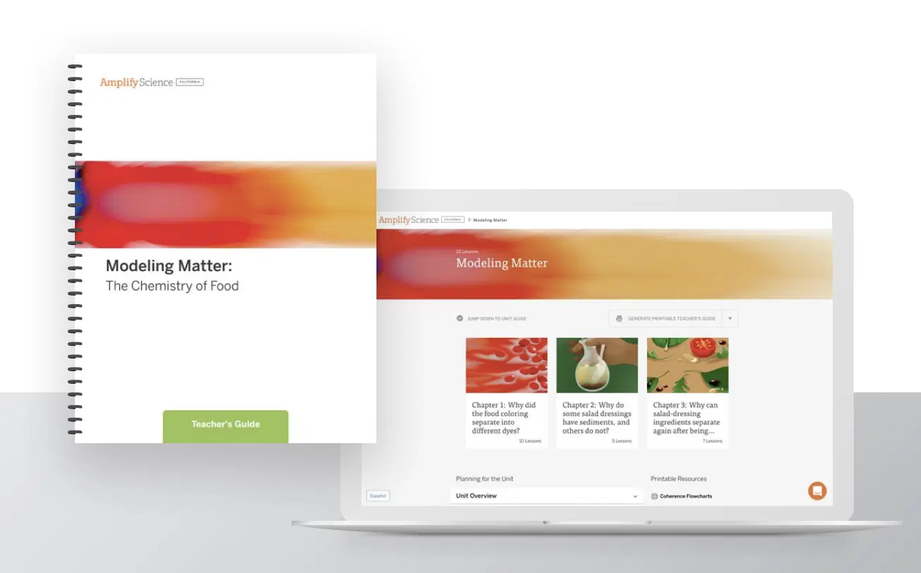 A spiral-bound teacher’s guide titled "Modeling Matter: The Chemistry of Food" next to a laptop displaying related educational content.