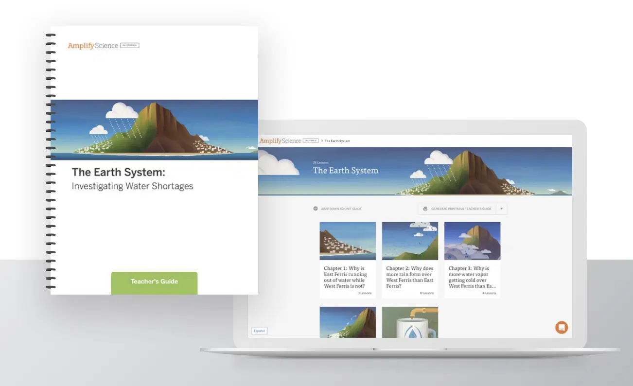 A laptop displays an educational website titled "The Earth System" with lesson modules; a printed Teacher’s Guide with a similar cover design is shown beside it.
