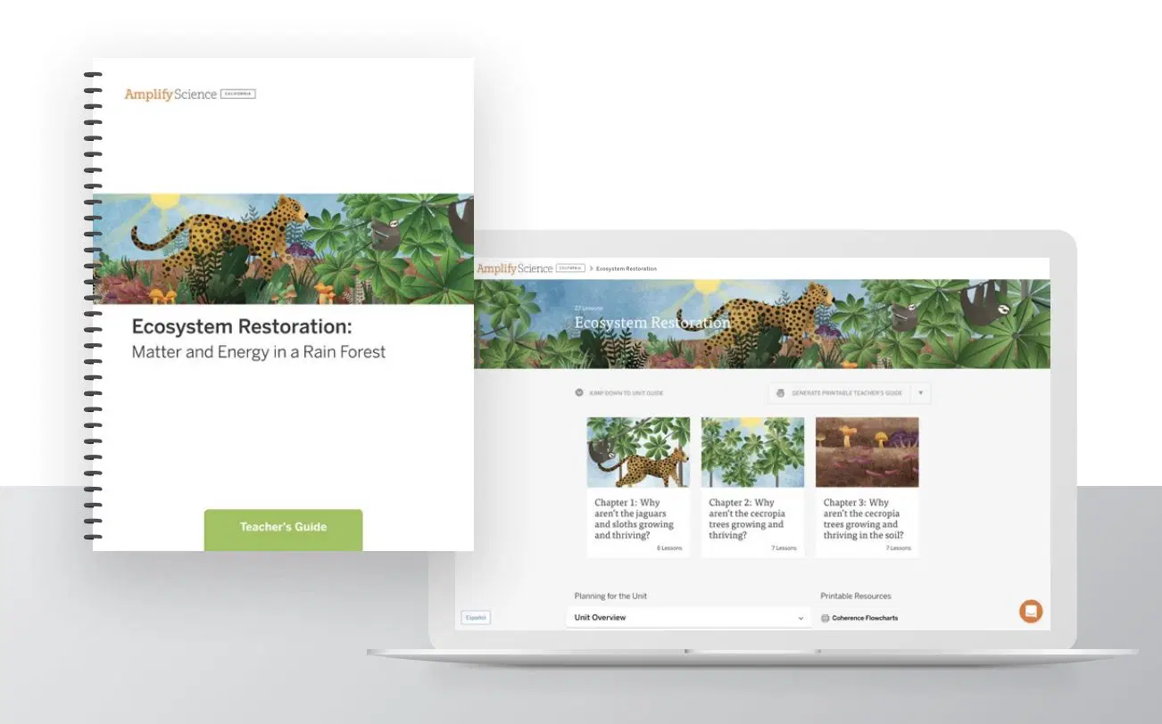 The image shows a printed teacher’s guide and a laptop displaying an online educational resource, both titled "Ecosystem Restoration: Matter and Energy in a Rain Forest" with a jaguar illustration.