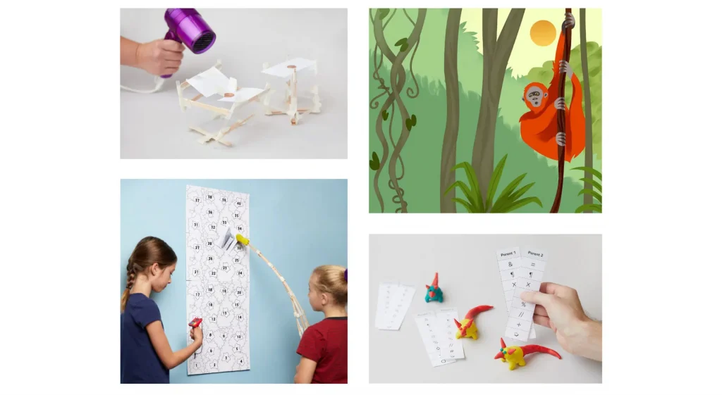 Four images: a hair dryer blowing on a stick structure; an illustration of an orangutan climbing; two children playing a wall-mounted game; and hands with toy dinosaurs sorting paper strips.