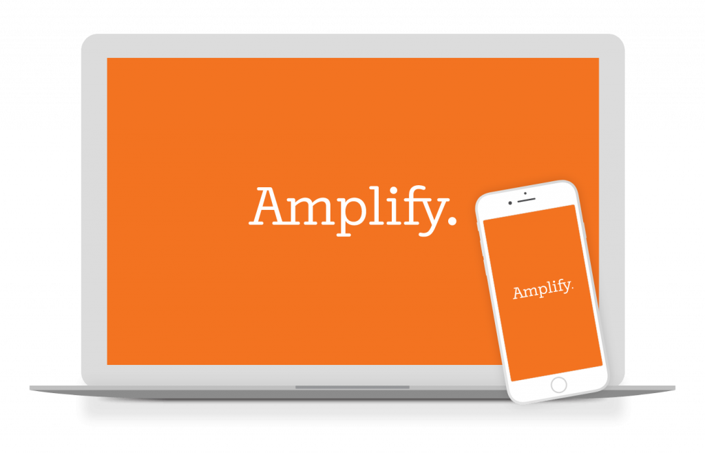 A laptop and a smartphone display an orange screen with the word "Amplify." written in white text, symbolizing a vibrant learning community for innovative educators.