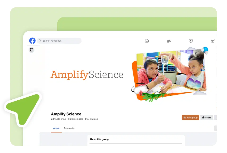 Screenshot of a Facebook group page titled "Amplify Science," featuring a cover photo of two children conducting a science experiment in class—a hub for sharing teaching tips and building an education community.