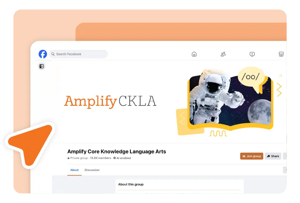 A Facebook group page titled "Amplify Core Knowledge Language Arts," featuring an astronaut and moon beside the Amplify CKLA logo—an education community where innovative educators connect teacher to teacher.