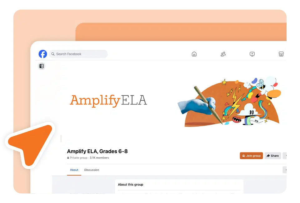 Screenshot of the Amplify ELA Facebook group page for grades 6–8, highlighting the group name, member count, and a colorful banner—an active learning community where educators share teaching tips and support one another.
