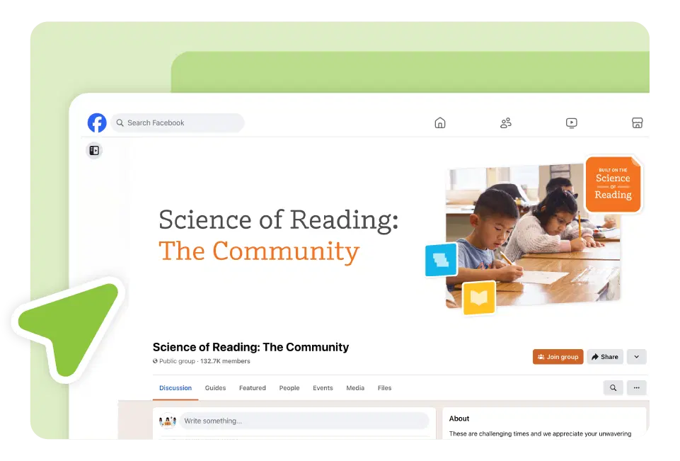 Screenshot of a Facebook group page titled "Science of Reading: The Community," where innovative educators and children are engaged at a table, highlighting group information and the spirit of a vibrant learning community.