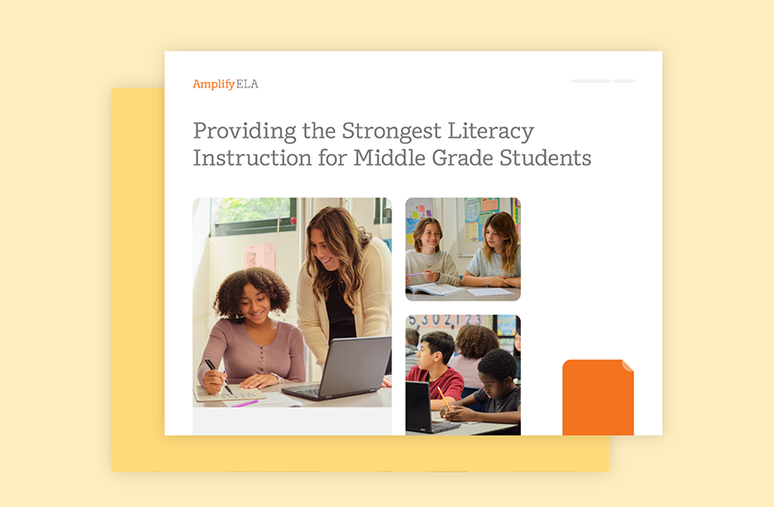 A digital presentation slide titled "Providing the Strongest Literacy Instruction for Middle Grade Students" with images of a teacher assisting diverse students in a classroom.