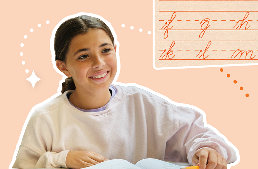 Smiling girl in a white shirt looks at an open book. Background features cursive handwriting practice with letters "if g ih k kl nm.