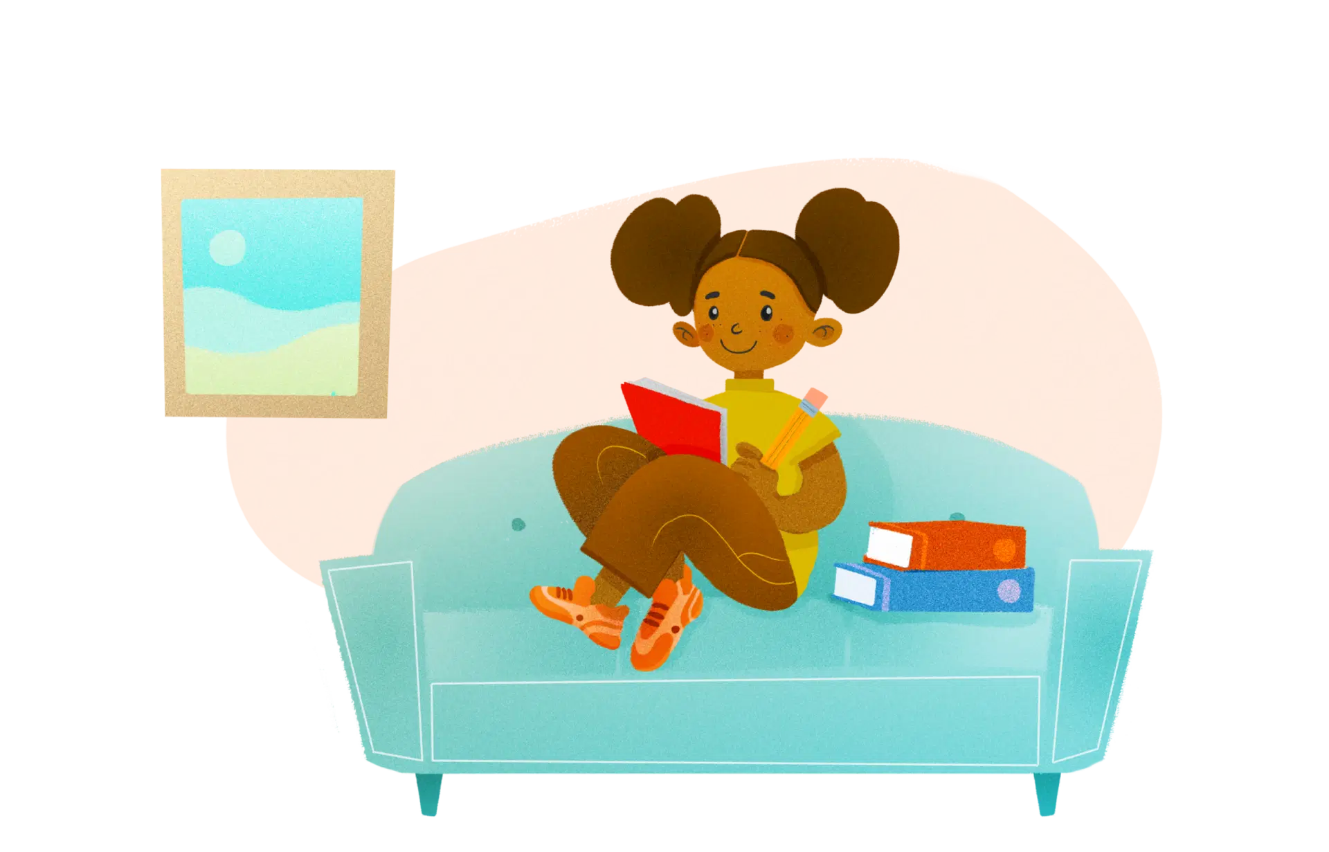 A girl with pigtails sits on a blue couch, writing in a red notebook with a pencil. Three books are stacked beside her, and a framed picture hangs on the wall.