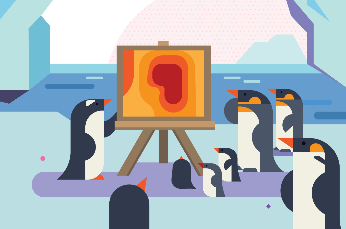 Illustration of penguins gathered around an easel displaying a colorful abstract painting, set against an icy landscape with icebergs and water in the background.