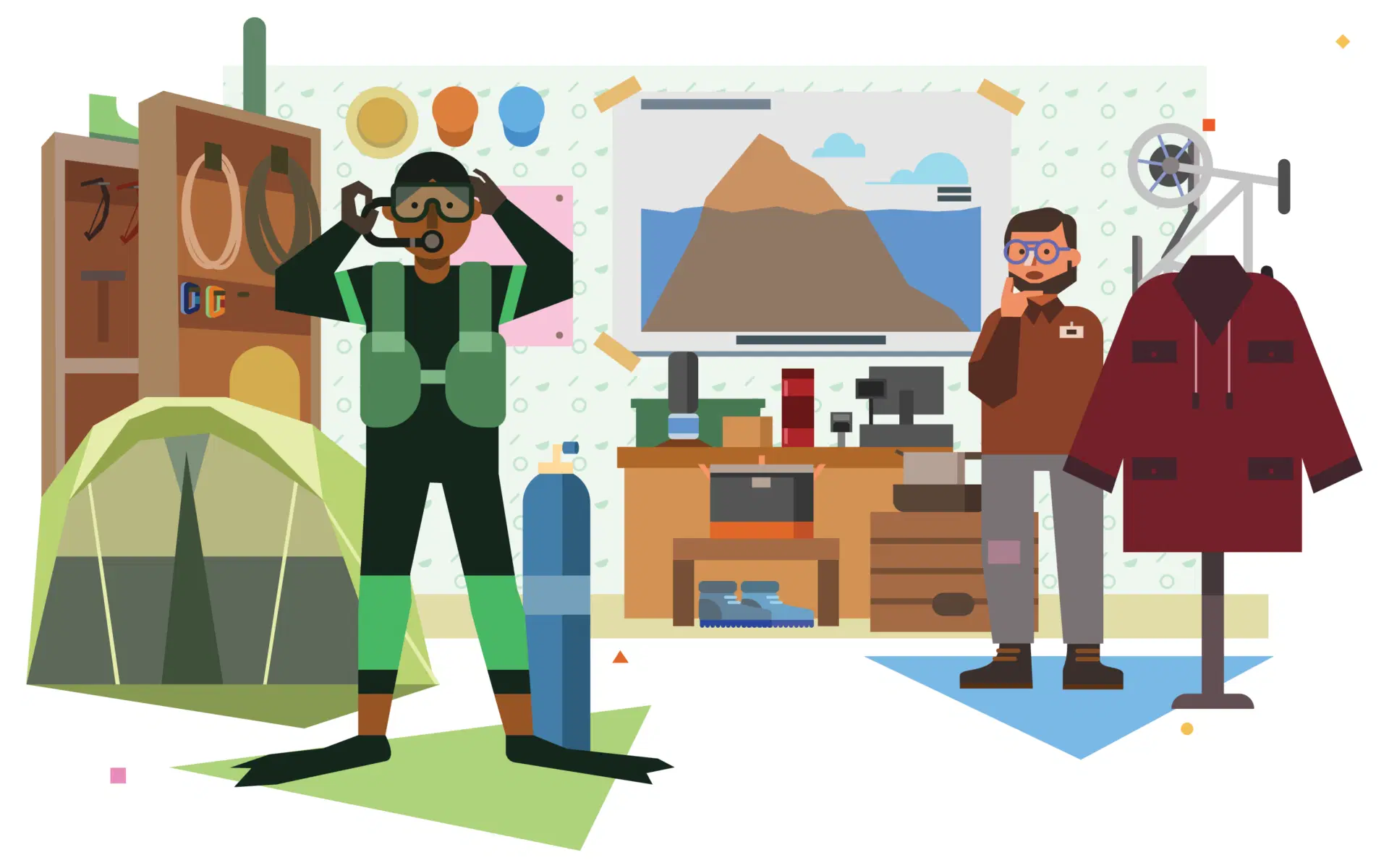 Two people in a gear-filled room; one wears scuba equipment, the other stands nearby. The room has outdoor gear, a tent, jackets, and a mountain poster on the wall.