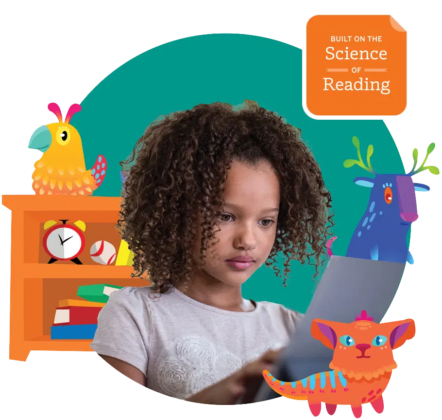A young girl uses a tablet, surrounded by illustrated animals and books, with a badge reading "Built on the Science of Reading" in the top right corner.