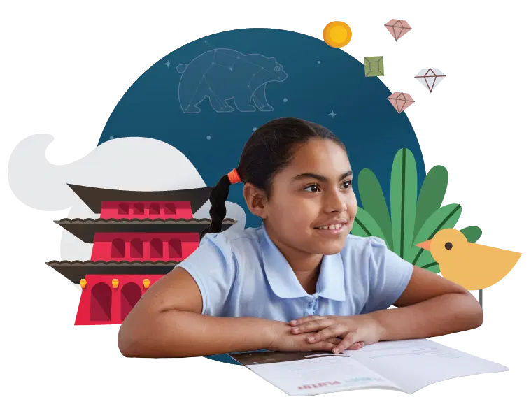 A young girl with a braid smiles while leaning on a desk, with whimsical illustrations of a bear, buildings, and plants in the background.