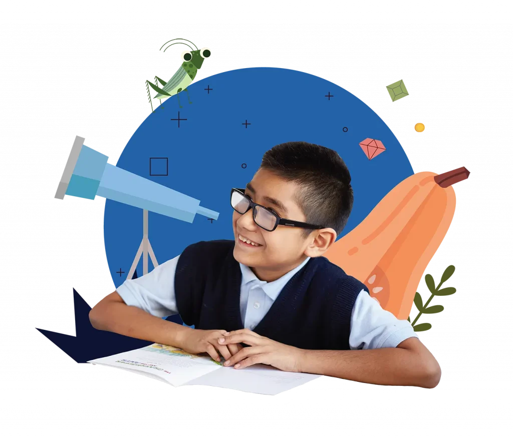 A boy with glasses smiles while reading a book, with illustrated objects like a telescope, gourd, and cartoon insect in the background.