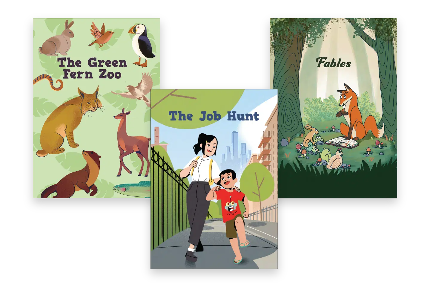 Three children's book covers displayed: "The Green Fern Zoo" with illustrated animals, "The Job Hunt" featuring a woman and child, and "Fables" showing a fox reading to forest animals.