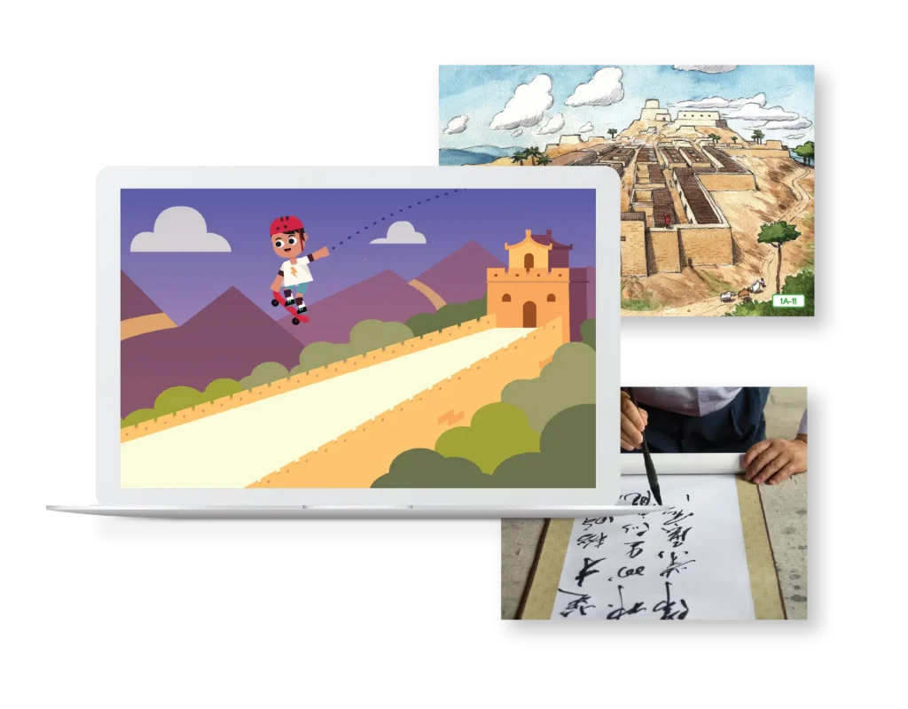 A laptop displaying a cartoon of a character running along a path, next to images of a historical architectural drawing and a person practicing calligraphy.