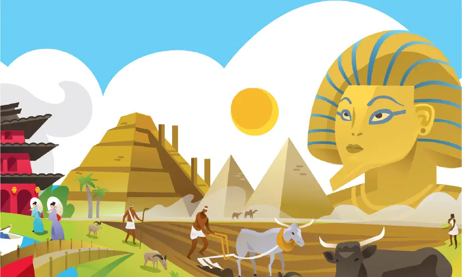 Illustration of ancient civilizations featuring pyramids, a Sphinx statue, a step pyramid, farmers with oxen, and people in traditional clothing.