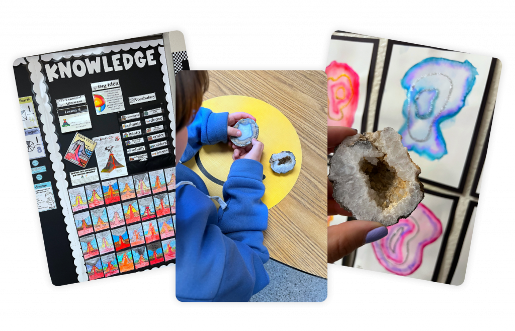 A knowledge board, a child examining a geode, and a hand holding a geode in front of colorful geode art illustrate personalized learning through hands-on science exploration.