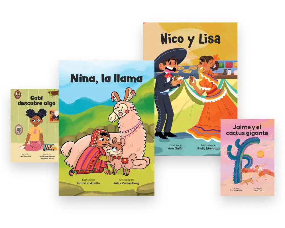 Five illustrated Spanish children's books are arranged together, featuring colorful covers with diverse characters and animals, including a llama, a cactus, and children.