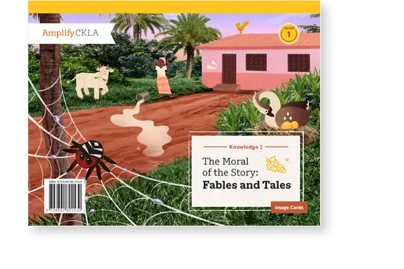 Illustration of a rural scene with a red house, cow, cat, woman, muddy path, and a spider on a web. The text reads: "The Moral of the Story: Fables and Tales, Grade 1.