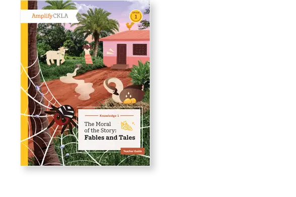 Book cover with a spider web in the foreground. A red house, animals, and trees are in the background. Title reads "The Moral of the Story: Fables and Tales.