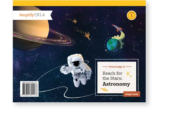 Illustrated cover of a Grade 1 astronomy book titled "Reach for the Stars," featuring a space scene with an astronaut, Earth, Saturn, and shooting stars.