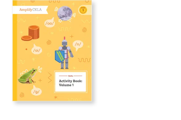 Cover of "Activity Book: Volume 1" featuring coins, a knight, and a grasshopper on a yellow background with phonetic symbols and a globe.