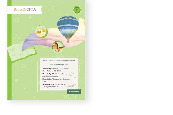 Green cover of an activity book titled "Amplify CKLA," featuring a hot air balloon and a medieval castle illustration. Text includes various learning topics.
