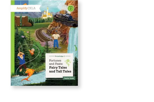 Book cover titled "Fortunes and Feats: Fairy Tales and Tall Tales" shows a giant boot, train, waterfall, fisherman with a fish, and a person on a giant's hand.